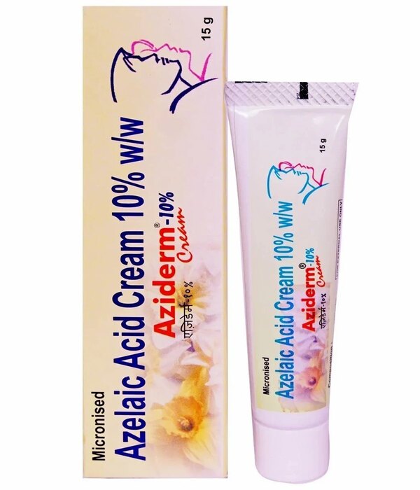 Aziderm Azelaic Acid Cream 10% W/W packaging with tube and box on a white background